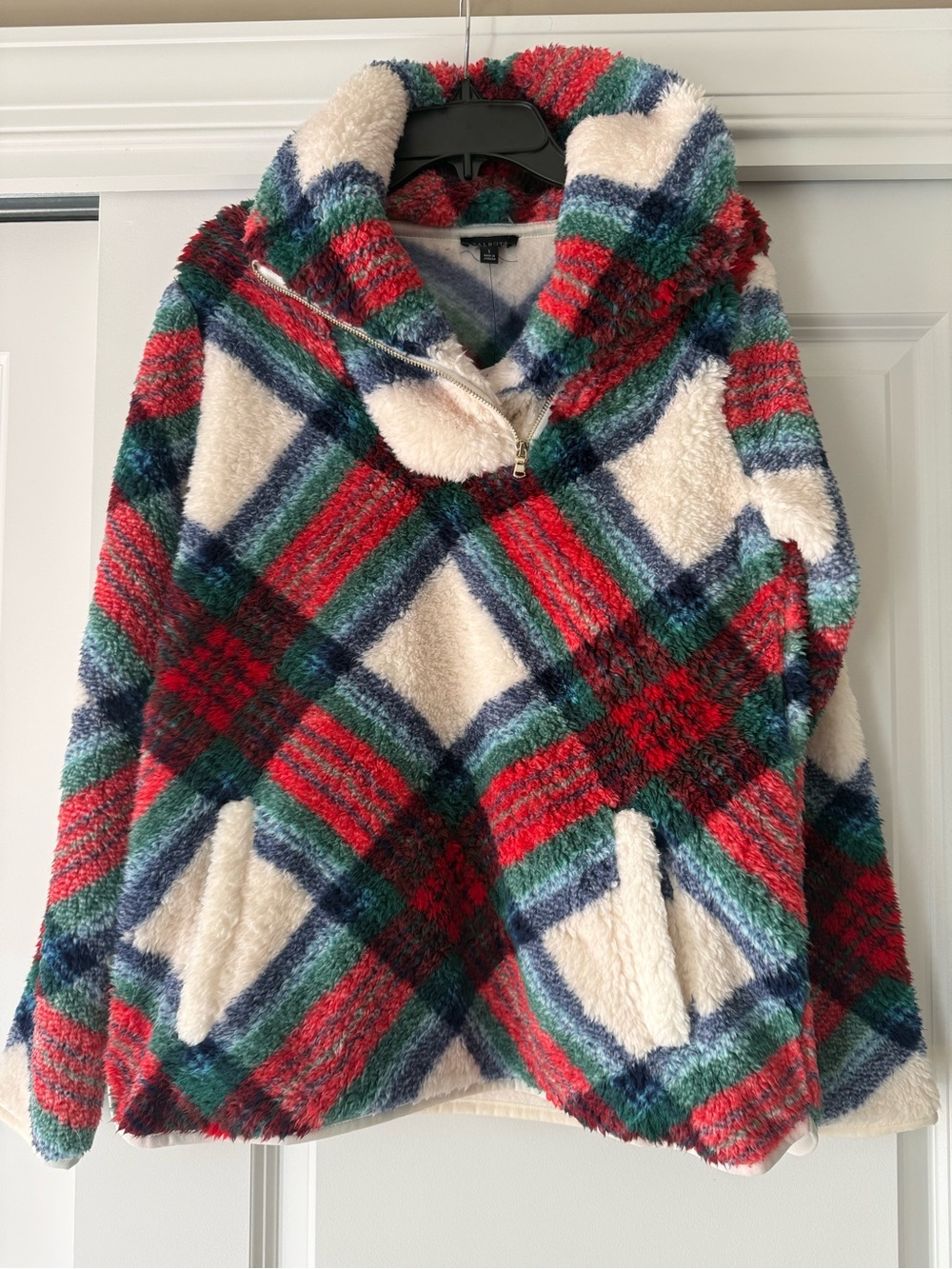Talbots Red, Green & Blue Plaid Sherpa Cowl Pullover